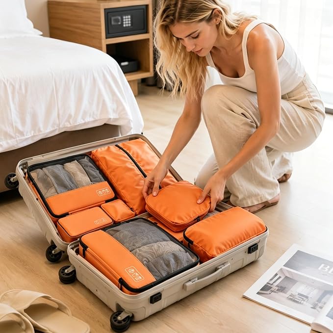 8-Piece Compression Packing Cubes for Travel, Keep Space Saving and Tidy | Bright & Lightweight Luggage Organizer for Outdoor Travel & Adventure, Space Save for Backpack, Duffel Bag & Suitcase- Orange - Image 2