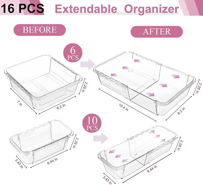 16 Pcs Extendable Clear Drawer Organizer, All Adjustable Vanity Storage Box, 2-Size Desk Drawer Organizer, Durable Storage Bins for Makeup, Cosmetic, Bedroom Dressers Tool Organizer for Gadgets - Image 2