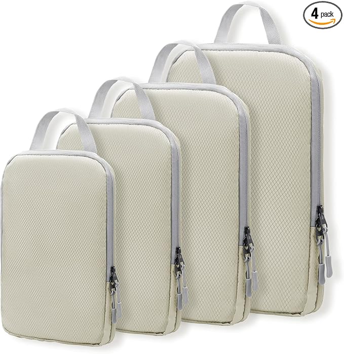 WOOMADA Compression Packing Cubes for Suitcases Travel Essentials 4 Set Expandable Travel Bags Organizer for Luggage(ivory) by WOOMADA