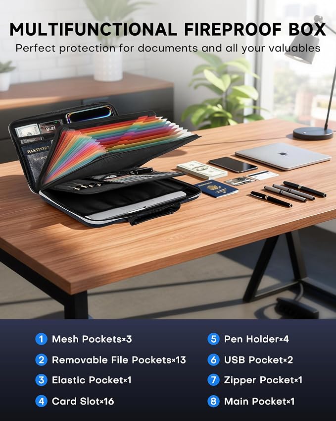 DOZAWA Fireproof Document Box, Waterproof Hard File Organizer with Lock | UL-94 VTM-0 certified 8-layer document box withstands up to 5200°F, featuring waterproof zippers for total file safety, Black - Image 3