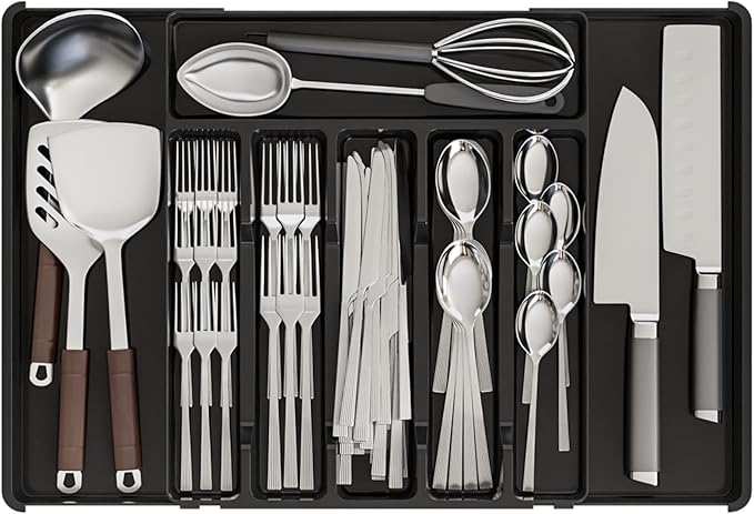 Black Expandable Silverware Drawer Organizer - Adjust From 11'' to 22'' - Knife,Cutlery,Spoons and Forks Organizer,Large 8 Grid Flatware,Silverware Tray,Utensil Organizer for Kitchen Drawers by Yieach