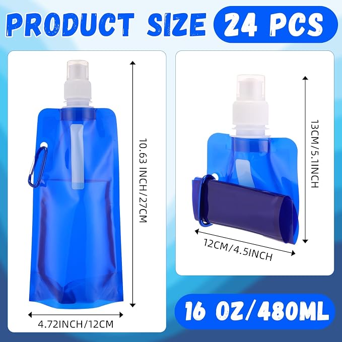 Teenyyou 24 Pack Collapsible Water Bottles Bulk 16oz Foldable Water Bottles with Carabiner Reusable Drinking Leak Proof Container Bags for Sport Biking Hiking Camping Travel Outdoor (Blue) - Image 2