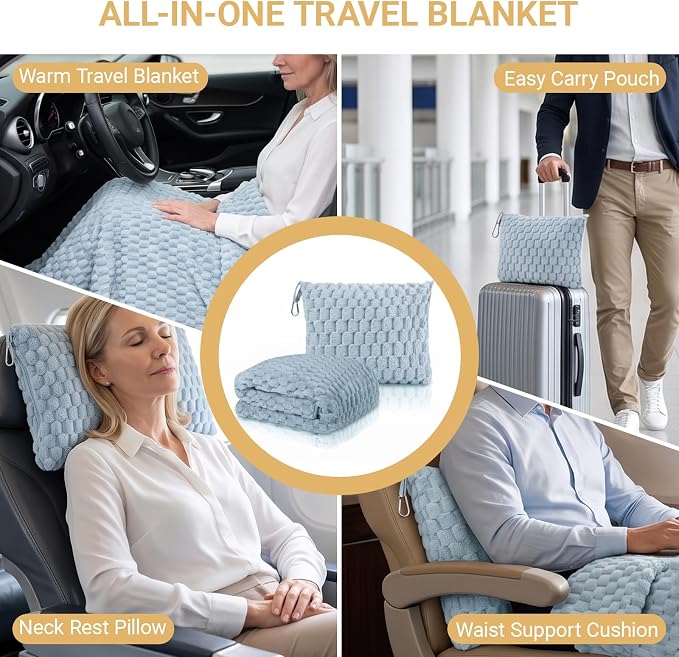 Travel Blanket with Bag, Soft Fleece Portable Airplane Blanket, Light Blue | Soft fleece travel blanket 50x60in grey. 5-in-1: pillow, lumbar support, shawl, hand warmer. Washable, luggage sleeve, clip. - Image 4