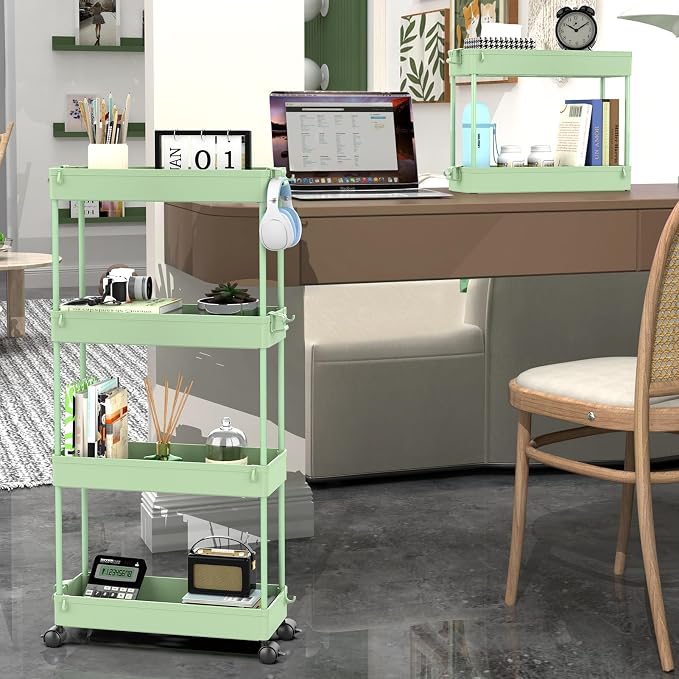 SPACEKEEPER Slim Rolling Storage Cart, 4 Tier Bathroom Cart Organizer,Green | Narrow Rolling Cart with Wheels for Kitchen Office Bathroom Laundry Room,Mobile Utility Cart for Craft Art Makeup Nail Polish - Image 3