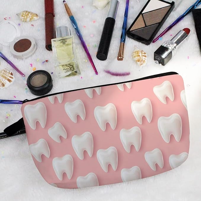 Livel lhood Pink Cartoon Teeth Small Makeup Zipper Bag | Pink Cartoon Teeth Printed Cosmetic Organizer Pouch, Pink Cartoon Teeth Gift for Women Friends - Image 5