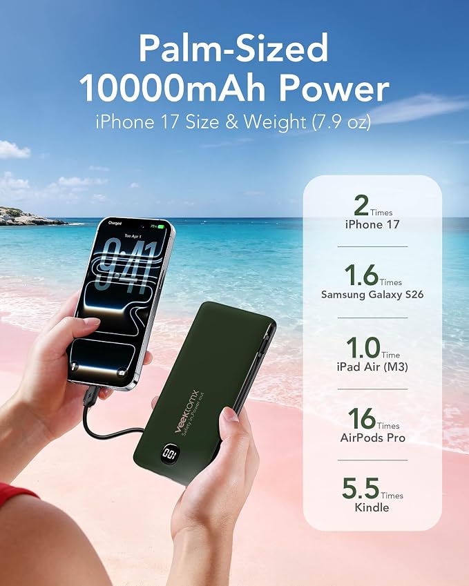 VEEKTOMX Portable Charger with Built-in Cables and AC Wall Plug, 10000mAh | Pocket-Size Travel Power Bank with USB-C and Micro-USB Cables for up to 4 Devices Including iPhone, iPad and Samsung, Green - Image 5