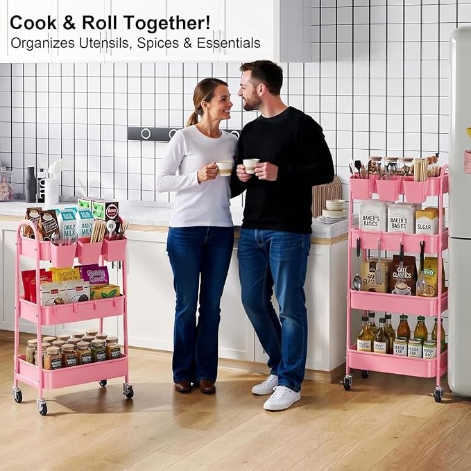 4 Tier Rolling Cart Metal with Lockable Wheels, Four Tiered Utility Carts | Pink Storage Organizer Trolley Cart on Wheels for Bathroom, Kitchen, Art, Craft, Baby Diaper Caddy, Snack, Makeup, Nail, Lash - Image 7