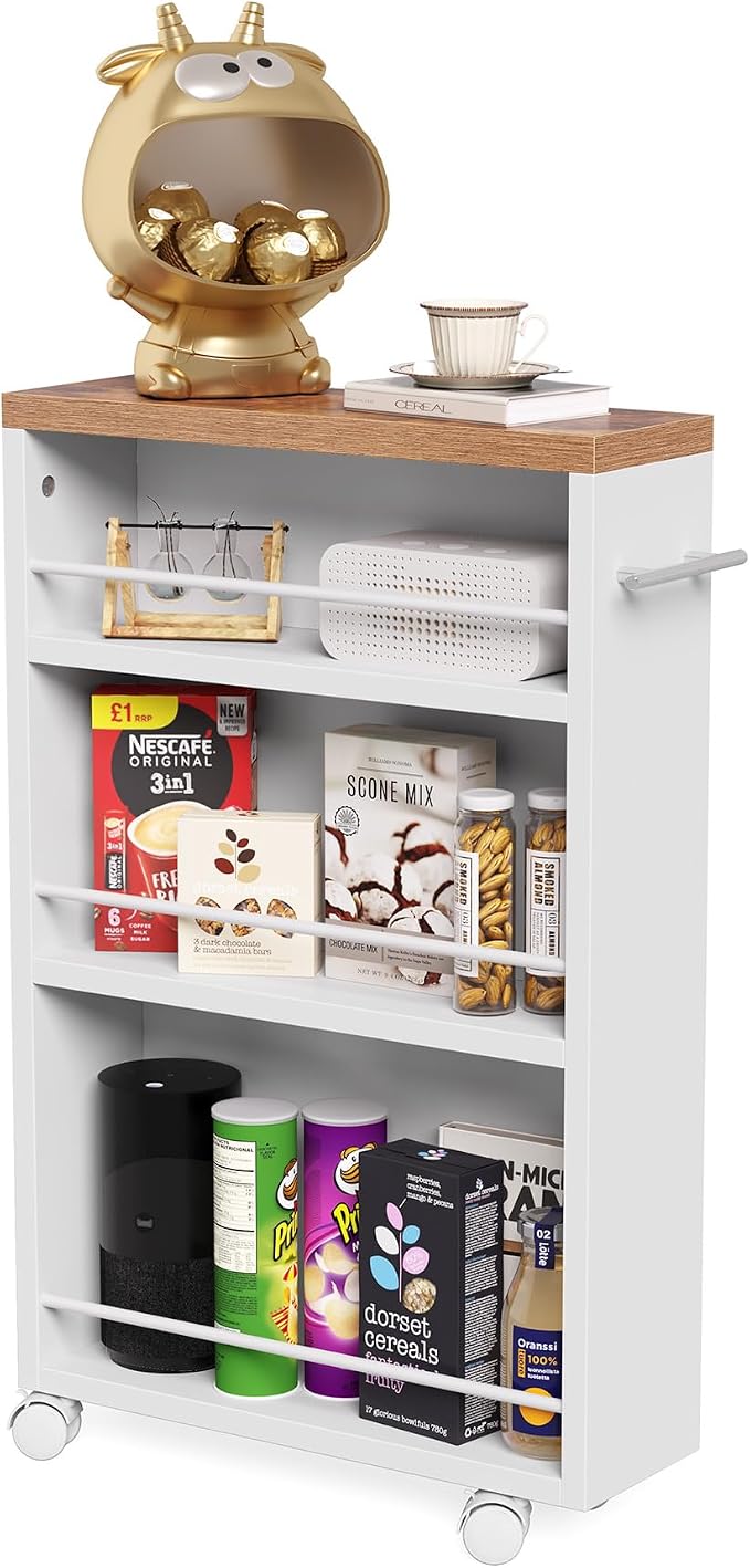 LITTLE TREE 4 Tier Rolling Cart with Wheels, 6.3 Inch Slim Storage Cart, Wooden Snack Cart with Narrow Shelf, White Laundry Room and Bathroom Organizer Shelves by LITTLETREE
