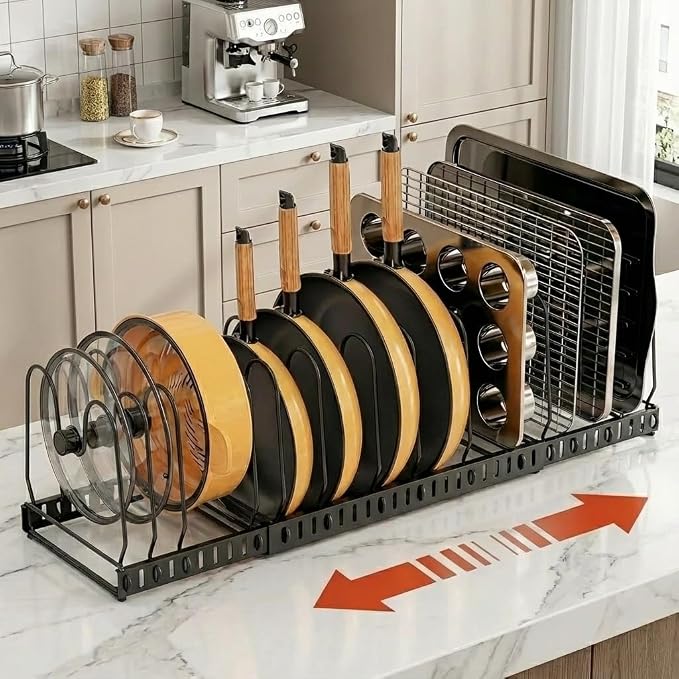 Pot and Pan Organizer Rack for Cabinet & Countertop, 3‑Tier Expandable Holder with 12 Adjustable Compartments, Kitchen Storage for Pan Lid, Cutting Board, Cookware & Bakeware, Black - Image 9