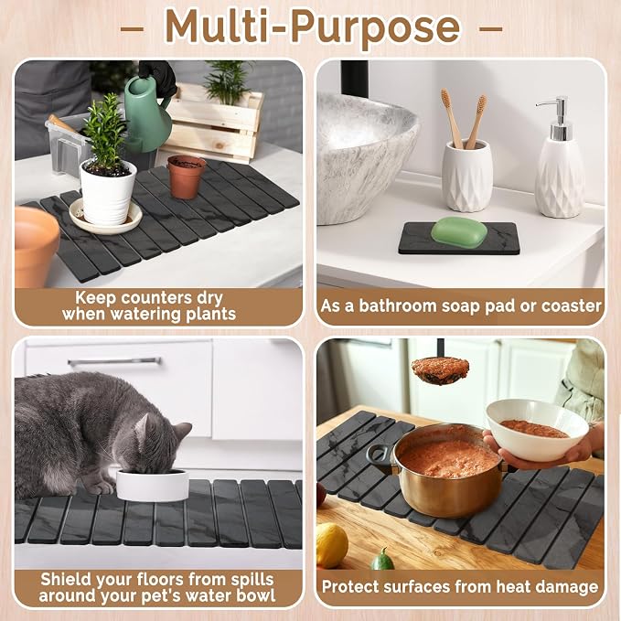 Extra Large Stone Dish Drying Mat for Kitchen Counter, Quick Dry Stone Dishes Mats, Foldable Water Absorbing Diatomaceous Drying Pad for Countertop Bottles Utensils Cups Bathroom(Dark Gray 32"×16"） - Image 6