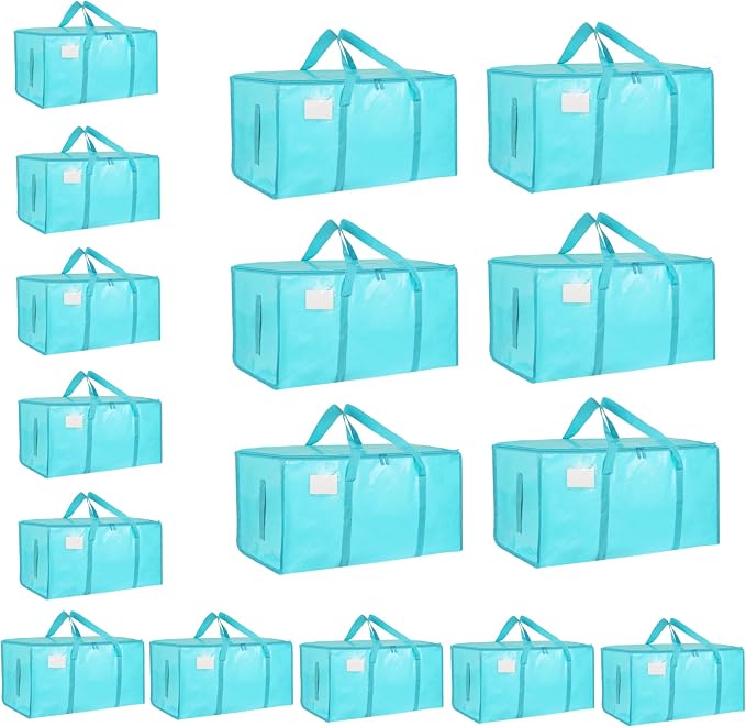 16 Pack-Extra Large Heavy Duty Moving Bags - Waterproof Storage Totes with Handles & Zippers, Foldable for College Dorm, Storage (lake blue) by Unknown