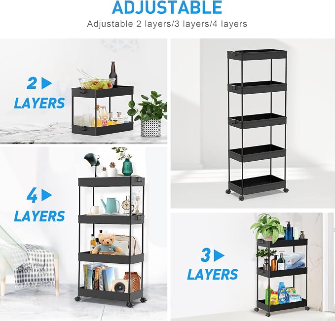 SPACEKEEPER 5 Tier Storage Rolling Cart, Bathroom Cart with Wheels, Black | Mobile Storage Cart for Laundry Room Organization,Kitchen,Office,Bathroom, Utility Cart for Snack,Craft,Art,Makeup,Nail,Toys - Image 4