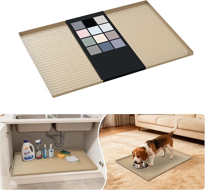 URMONA Waterproof Silicone Under Sink Mat 28'' x 22'' Shelf Liner for Kitchen and Bathroom, Cabinet and Counter Protector, Storage and Organizers, Litter Mat, Pet Cat Puppy Essentials(Khaki) by URMONA