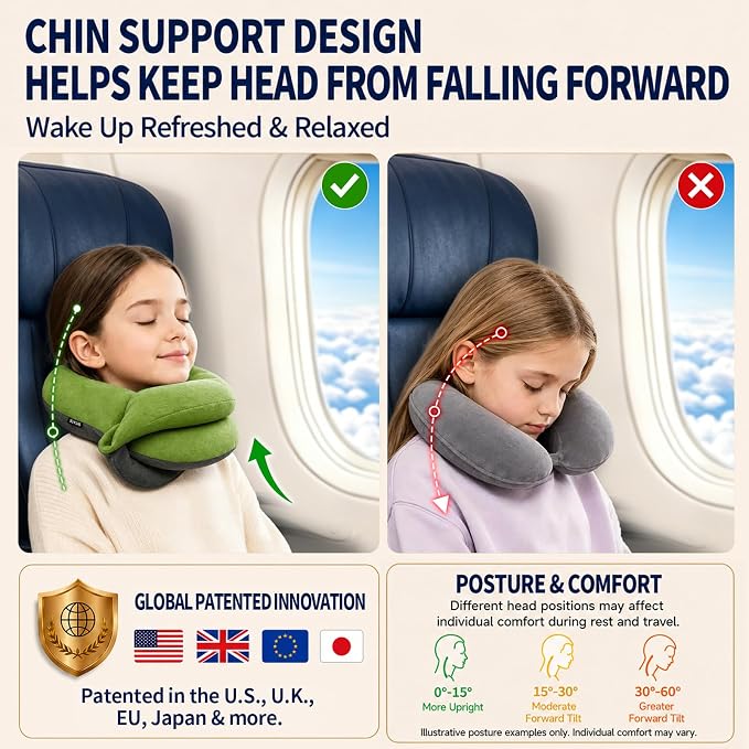 Kids Travel Pillows for Airplane, Memory Foam 360° Head Support Sleeping Essentials for Long Flight, Skin-Friendly Soft Neck Pillow for Traveling in Car Seat, (Small, Green Grey, 40-90 lbs) - Image 3