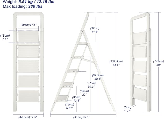 Step Ladder 5-Step White Finish Aluminum Folding Ladders | Anti-slip Sturdy Foldable Ladder Step Stool for Kitchen Home Office Libaray - Image 2