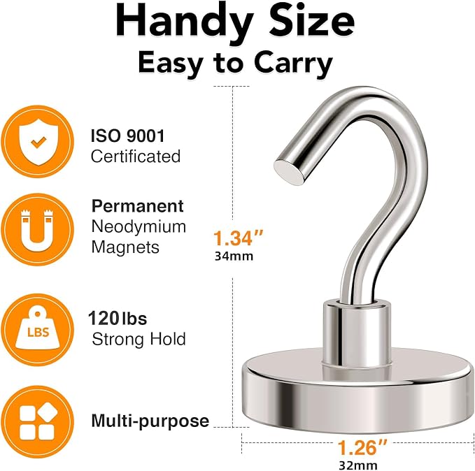Magnetic Hooks Heavy Duty 120LB+ Strong Magnet with Hook | Super Neodymium Cruise Hooks Locker Organizer Industrial Hook for Hanging Magnetic Hanger for Cruise Grill 8 Pack - Image 4
