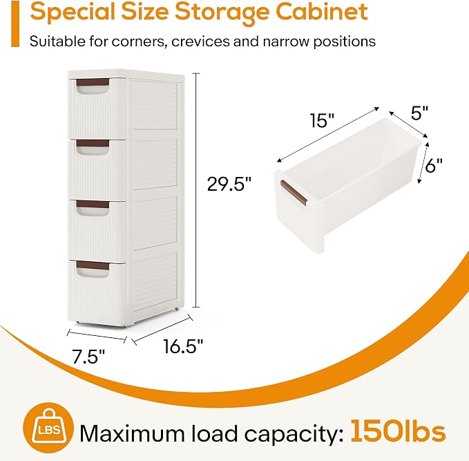 4 Drawers Slim Bathroom Storage Cabinet Dresser, Narrow Plastic Rolling Cart Organizer with Drawers, for Small Spaces, Kitchen, Laundry, Office, Bedroom, White - Image 2