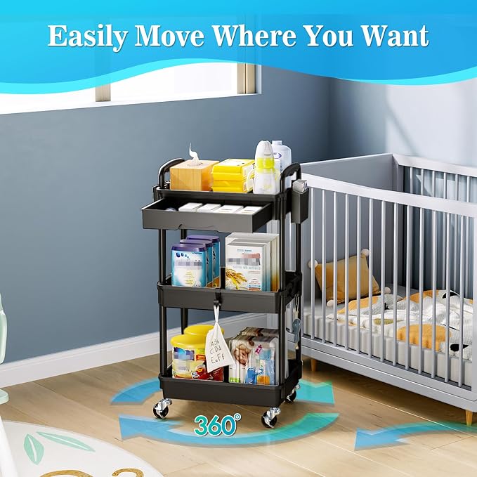 SUNALLY 3 Tier Rolling Cart with Drawer, Craft Storage Cart Organizer,Black | Bathroom Storage Organizer with 2 Lockable Wheels, Rolling Utility Cart for Kitchen, Office, Baby, Makeup, Nail,Snack,Laundry - Image 5