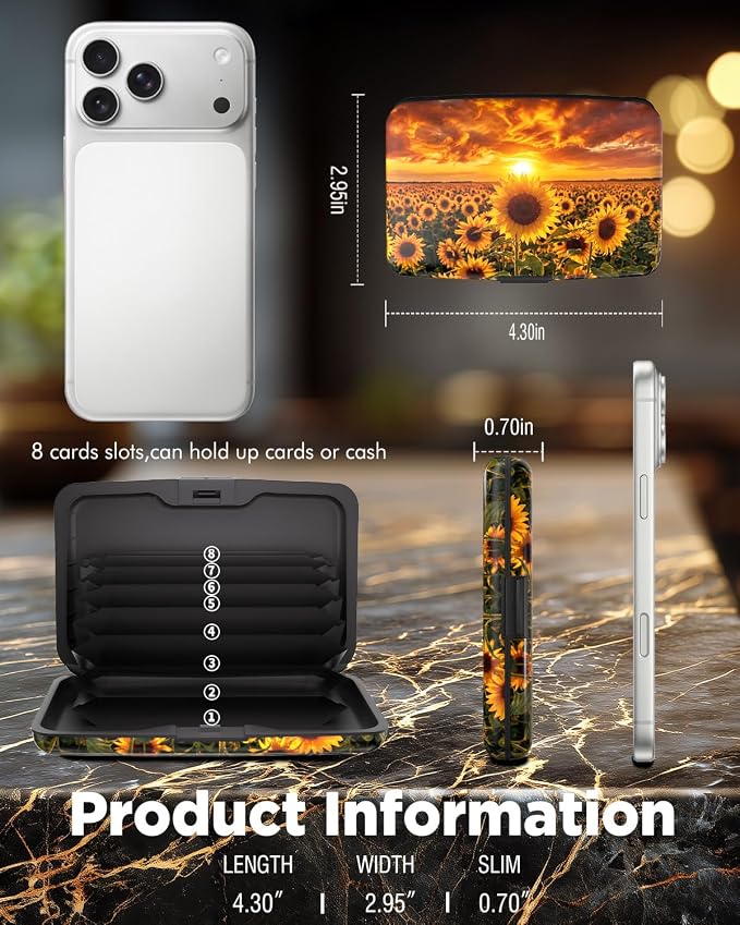 Maicican RFID Blocking Aluminum Credit Card Holder | Slim Metal Wallet for Women & Men, Business Card Case for Travel, Fits Front Pocket, Card holder wallet - Sunflowers - Image 6