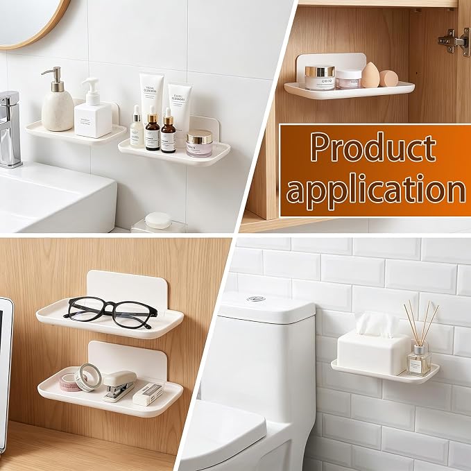 Foldable Floating Shelf, No Drill Wall Shelves, Adhesive Organizer Tray | Small White Stick on Plastic Shelf, Portable Damage Free Adhesive Shelves for Bedroom Bathroom Kitchen Office - Image 6