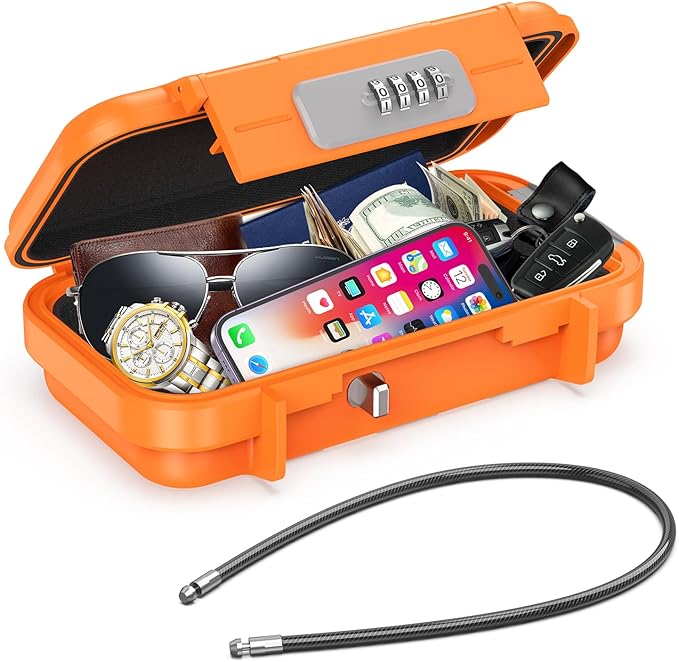 AMIR Portable Combination Lock Box, Security Case Lock Box with Code, Waterproof Anti-Theft Mini Travel Safe Box with Removable Chain, Portable Lock Box for Dorm Beach Hotel by AMIR