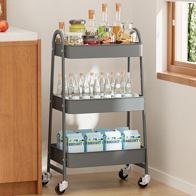 NEWBULIG 3-Tier Metal Rolling Storage Utility Cart with Lockable Wheels | Mobile Organizer Shelf, Space-Saving, Freestanding, Bathroom, Living Room, Slim, Narrow Corner Spaces, Grey by NEWBULIG