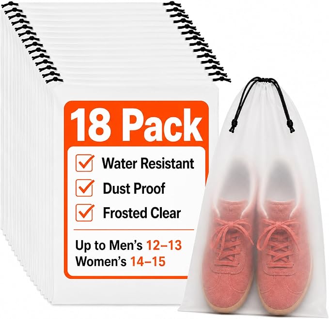 18 Pack Clear Shoe Bags for Travel Essentials Reusable Storage | 15.7"×11.8" PEVA Drawstring, Water-Resistant, Fits up to Men’s 12–13, for Clothes & Toiletries, Keep Luggage Tidy & Odor-Free by Bofoho
