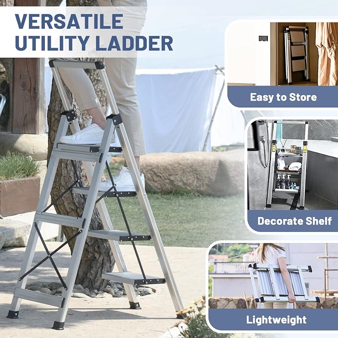 4 Step Ladder, Aluminum Folding Stool with Retractable Handgrip | 330 lbs Heavy Duty | Lightweight | Removable Tool Tray | Non-Slip Pedals | Slim Fold for Kitchen, Garage, Library & Closet - Image 7