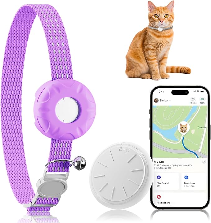 Cat Tracker, GPS Tracker, No Monthly Fee Subscription Fee Pet Tracker, Compatible with Apple Find My App (Only iOS), Real-Time Location, Cat Trackers Collar with Safety Elastic Buckle, Purple by ZFSJTAG
