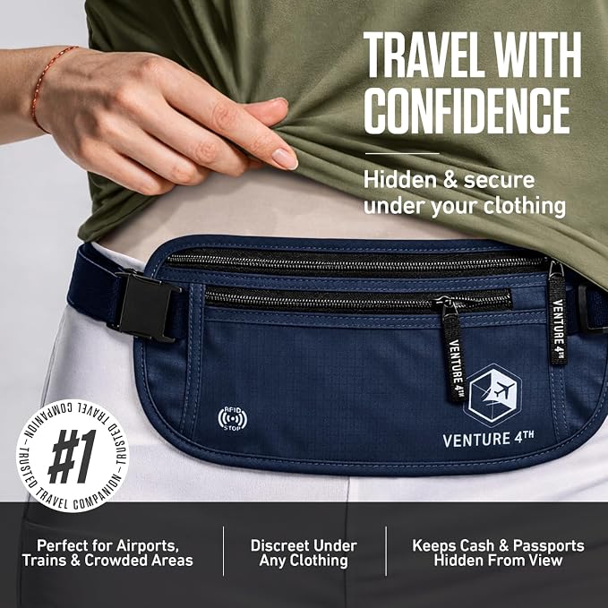 VENTURE 4TH Travel Money Belt, RFID Blocking Passport Holder - Navy Blue - Image 4