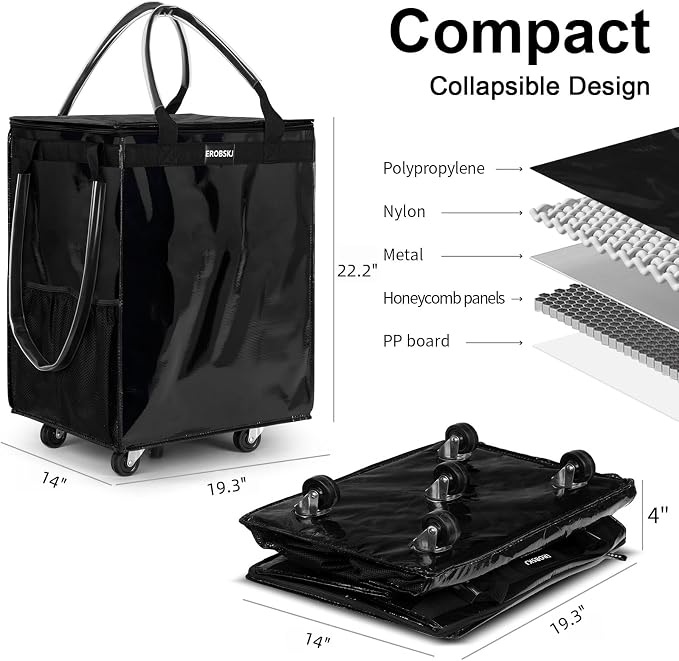 (Large,Black) Reusable Grocery Bag on Wheels, Foldable Rolling Tote, Carries Up to 76 lbs Shopping Trolley, Zipper Clouser Shopping Carts for Trips, Laundry, 5 Heavy Duty Wheels and 3 Handles - Image 4