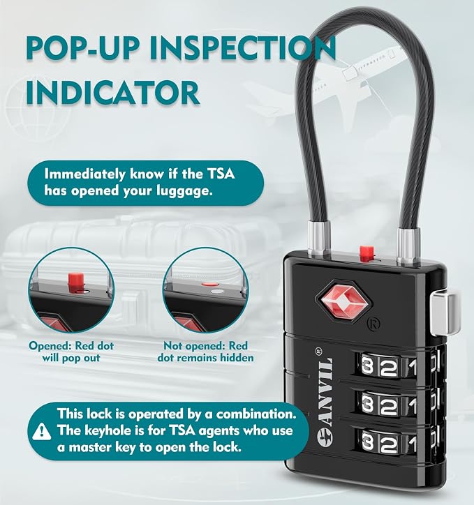 ANVIL TSA Approved Luggage Locks – High Security TSA008 Combination Travel Locks with Inspection Indicator for Suitcases and Backpacks. (1, Black) - Image 3