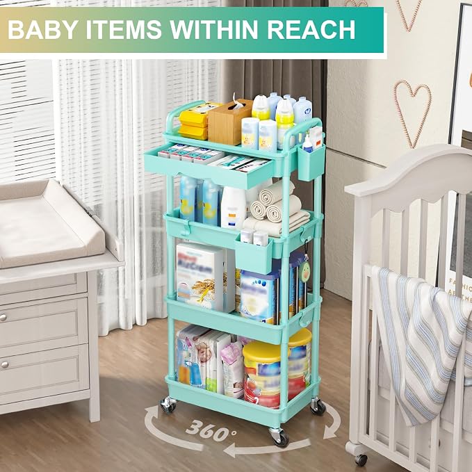 Goovilla 4 Tier Rolling Utility Cart Organizer with Removable Drawer, Blue | Stable and Sturdy Rolling Storage Carts with 2 Lockable Wheels for Bathroom, Kitchen, Snack, Craft, Makeup, Baby Essentials - Image 6