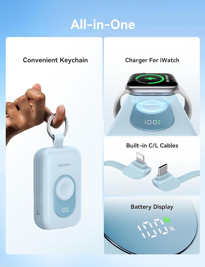 RORRY CharmGo Portable Charger, 20000mAh PD 30W Portable Charger Power Bank | Built-in Cables, Fast Charging Keychain Portable Battery Pack, Travel Essentials for iPhone, Apple Watch, iPad - Image 2