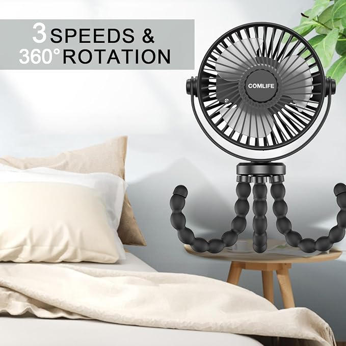 COMLIFE Baby Stroller Fan, Rechargeable Battery Operated, Max 10Hrs Cooling, 3 Speeds, 360° Rotate USB Desk Fan, Flexible Tripod Clip On Fan for Stroller Car Seat Crib Treadmill Golf Cart - Image 7