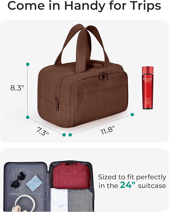 BAGSMART Travel Toiletry Bag, Puffy Toiletry Bag for Women, Wide-open toiletry bags for traveling, Large Travel Cosmetic Makeup Bag Organizer for Accessories,Toiletrie (Coffee Brown) - Image 4