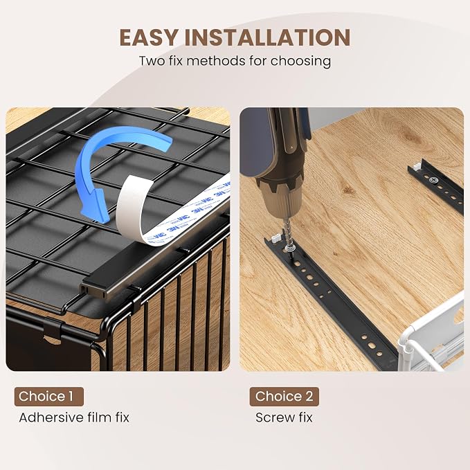 2 Pack Pull Out Cabinet Organizer, Heavy Duty Slide Out Drawer with No Drill Adhesive or Screw Mount, Carbon Steel Roll Out Shelf for Kitchen Cabinet, Pantry & Bathroom Storage - Image 5