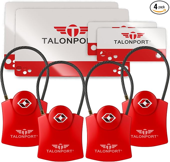 Keyless TSA Approved Suitcase Luggage Locks, Red 4-Pack | No Combination to Remember, Durable Zinc Alloy Build, Free Lifetime Card-Key Replacements, Secures Bags, Lockers & Gym by Talonport