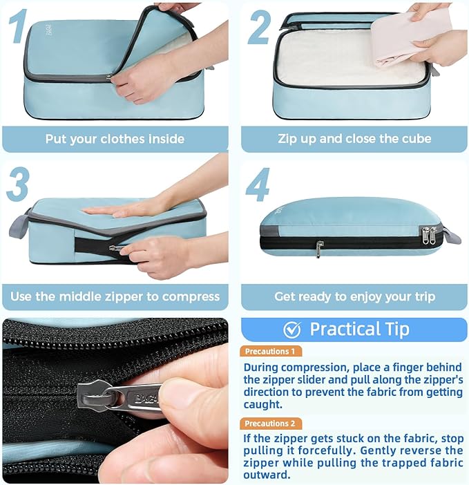 BAGAIL 4 Set/6 Set/8 Set Compression Packing Cubes Travel Accessories Expandable Packing Organizers (Cloth Pattern, 4-Dusty Blue) - Image 3