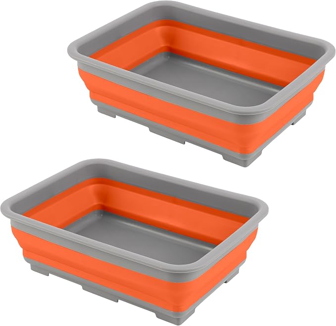 Set of 2 Multipurpose Wash Bins – 7.27-Liter Basins for Travel or Cleaning – Collapsible Bucket Camping Accessories by Wakeman (Orange) by Wakeman