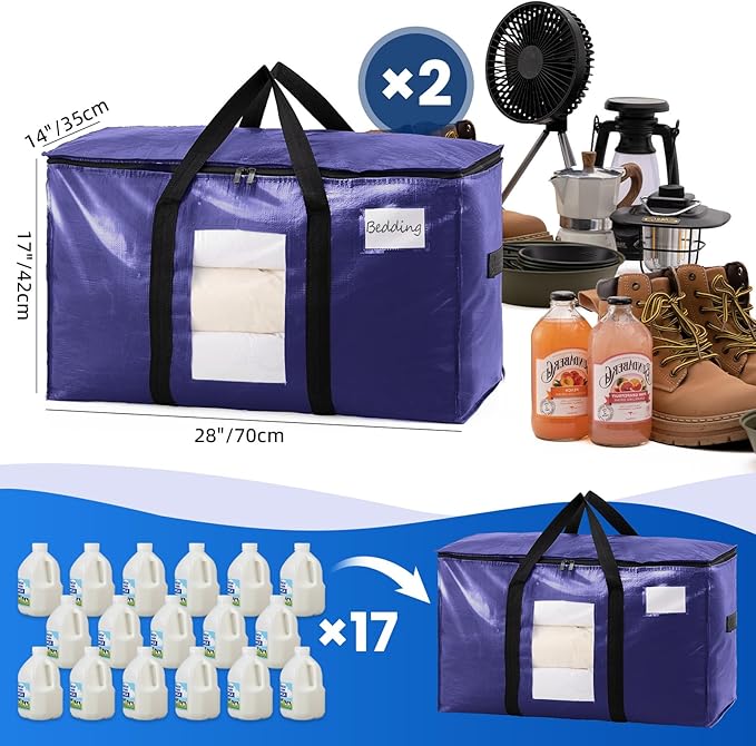 TAILI 2 Pack Dark Blue XXL Moving Bags,Storage Bags with Visible Window | 93L Heavy Duty Totes For Storage,Wrap Around Handles,Alternative to Moving Boxes, College Dorm,Perfect for Moving - Image 2