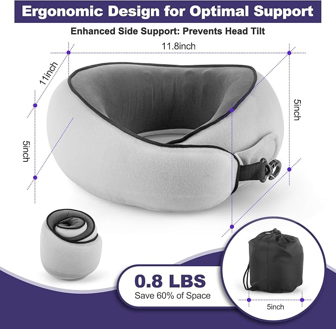 Travel Neck Pillow Airplane, Breathable Memory Foam Travel Pillows for Neck Support, Washable Cover Portable Storage Bag, 360° Ergonomic Airplane Travel Essentials for Flight, Car, Train, Office, Home | 360° Ergonomic Travel Neck Pillow with Portable S... - Image 7