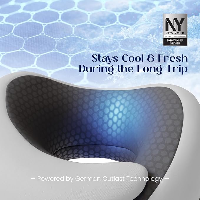 Dream Valley Neck Travel Pillow, Memory Foam,Cooling,Light Gray | For Airplane, Portable Roll-Up, Cooling Inner Fabric, 360° Ergonomic Support, No Head Bobbing - Image 2