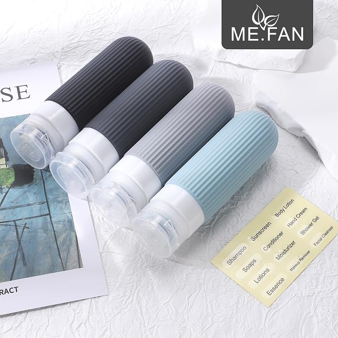 ME.FAN Travel Bottles for Toiletries, TSA Approved 3oz Silicone Journey Size Containers, Portable Split Bottle for Conditioner, Shampoo, Lotion- 4 Pack Grey - Image 7