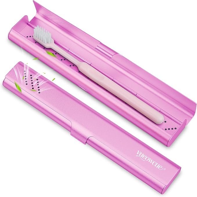 Toothbrush Case Cover for Traveling, Aluminum Toothbrush Holder for Manual Toothbrush + Mini Toothpaste, Portable Tooth Brush Storage Box for Camping Business Trip-Pink (1 Pack) by vueowcue