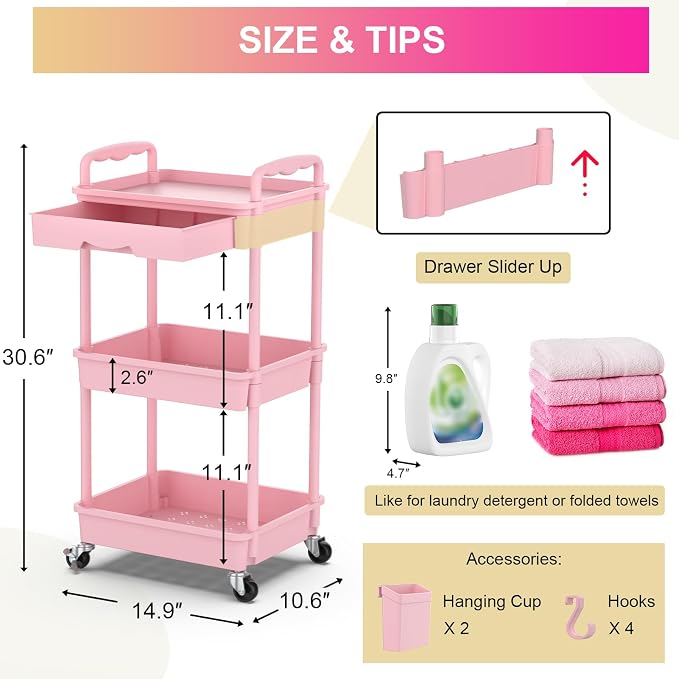 Goovilla 3 Tier Rolling Utility Cart Organizer with Removable Drawer, Pink | Stable and Sturdy Rolling Storage Carts with 2 Lockable Wheels for Bathroom, Kitchen, Snack, Craft, Makeup, Baby Essentials - Image 4