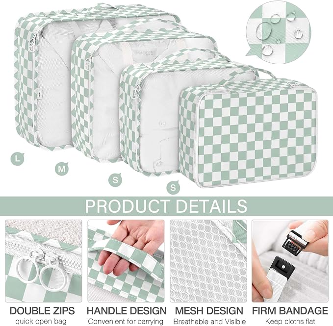 KPX 8 Set Packing Cubes for Travel, Luggage Packing Organizers Accessories Large Toiletries Bag for Clothes Shoes Cosmetics (8Set-Green Checkered) - Image 3