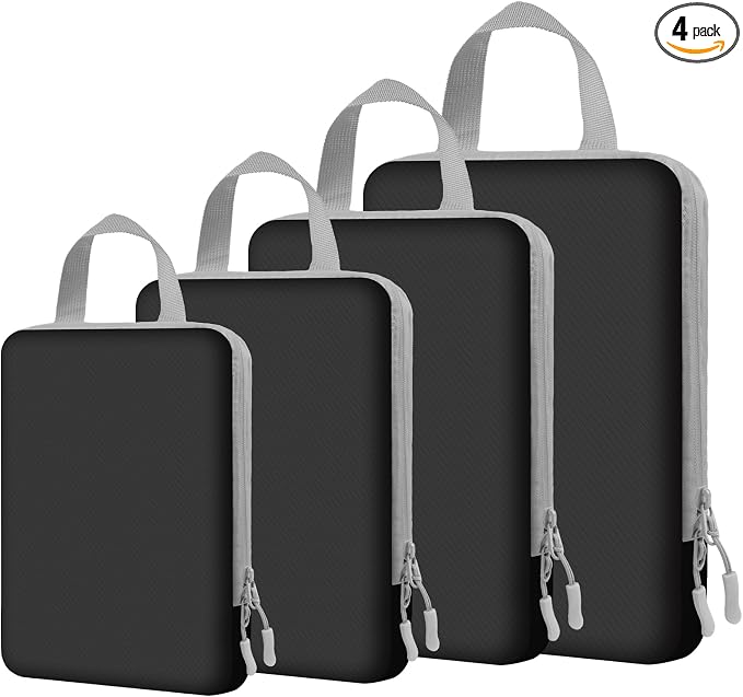 4 Set Expandable Compression Packing Cubes for 3–7 Day Travel, Solid & Plaid Fabric Travel Organizers, Double-Zipper Storage Bags for Carry-On & Suitcases(4set-Black) by Unknown