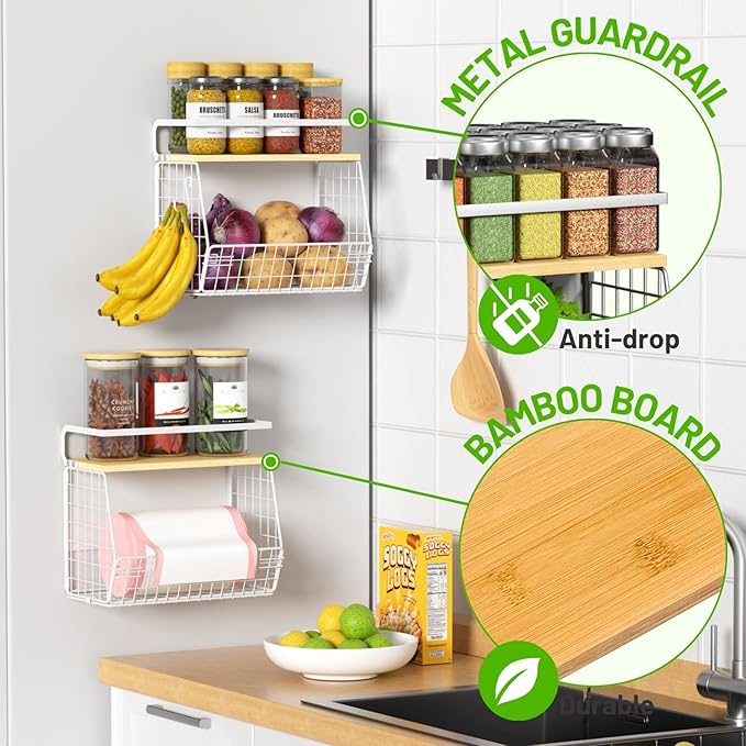 Magnetic Shelf for Fridge with Wood Lid, Fruit Potato and Onion Storage Bins, Pantry Organizers & Storage, Large Container Magnetic Spice Rack for Refrigerator, Kitchen Counter (White, 2) - Image 2