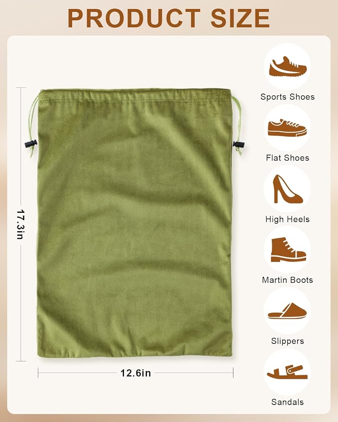 2 Pcs Shoe Bags for Travel, Dust Velvet Bags, Sage Green, 17.3x12.6 Inch | Washable & Reusable Travel Shoe Bags, Dustproof Shoe Bags with Drawstring Closure, Suitable for Travel, Home Storage - Image 8